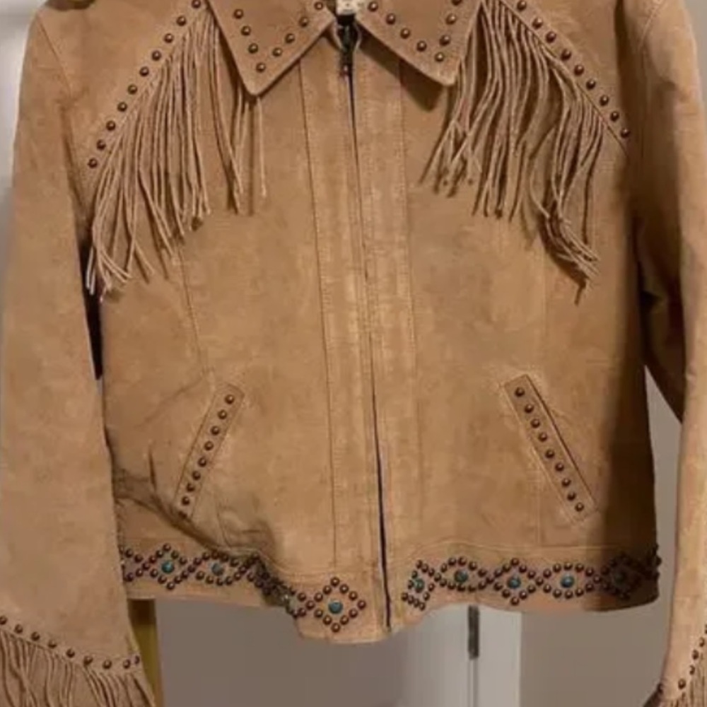 Scully Tan Studded Leather Jacket with Fringe